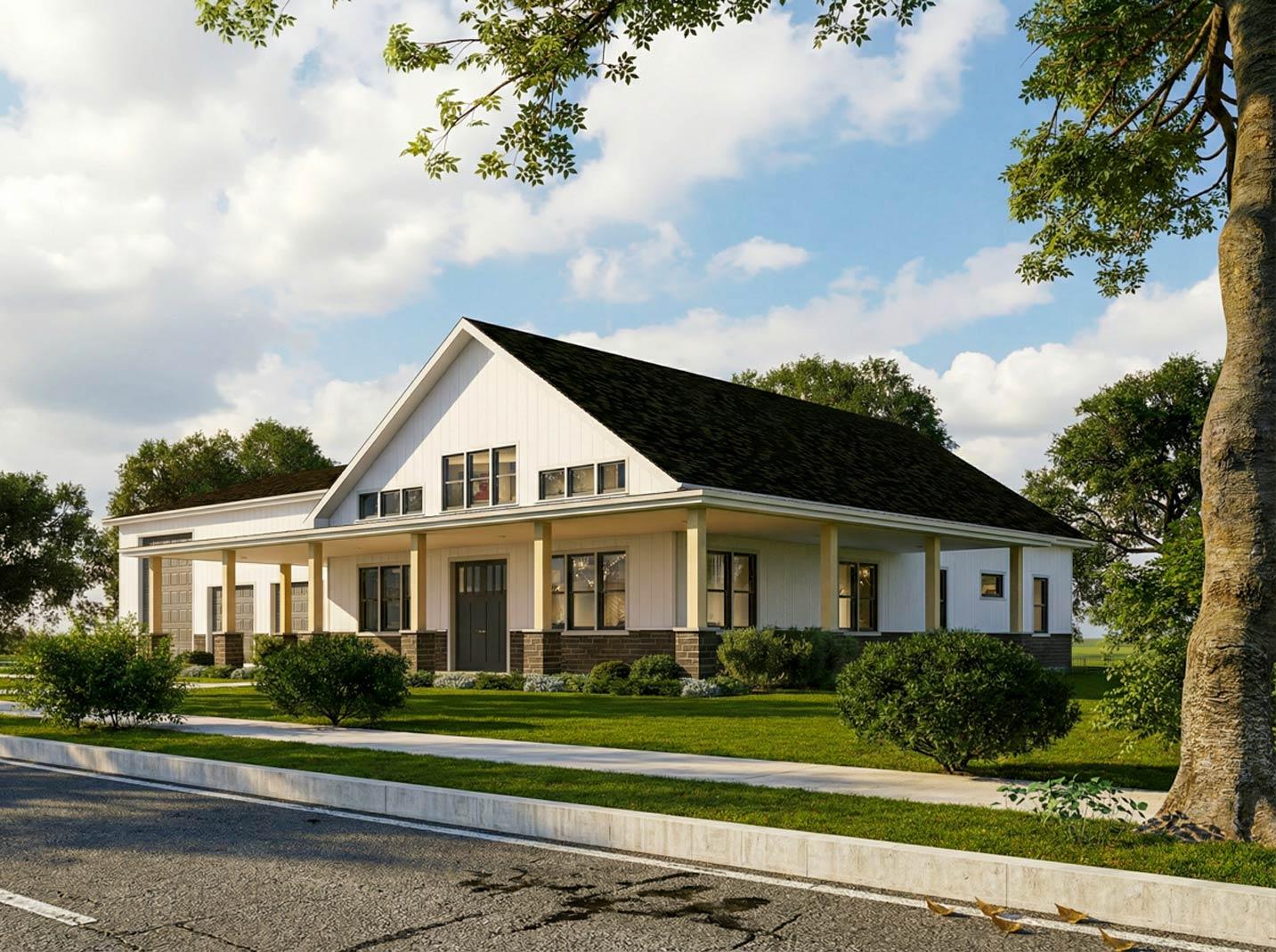 Modern Farmhouse style house plan exterior, one story, with wrap-around porch, gables, and stone accents.
