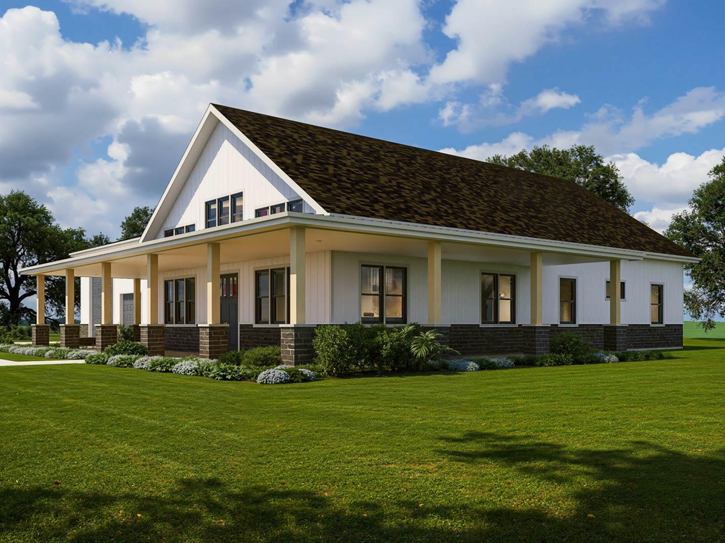 House plan exterior: Modern Farmhouse style, one story, with a full-length covered porch, gables, and dormers.