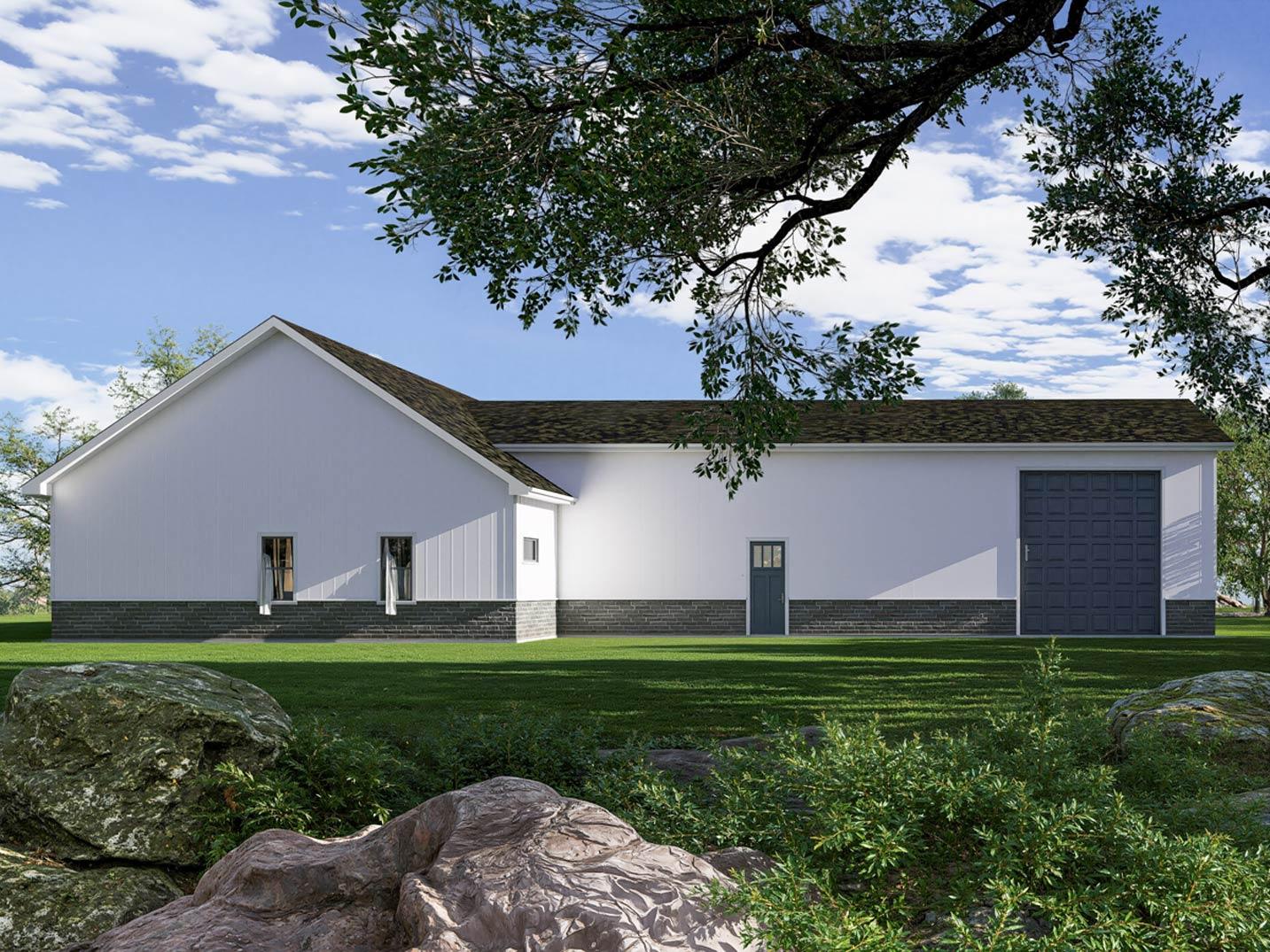 House plan exterior: white vertical siding, dark gray brick base, gable roof, two windows, one door, one garage door.