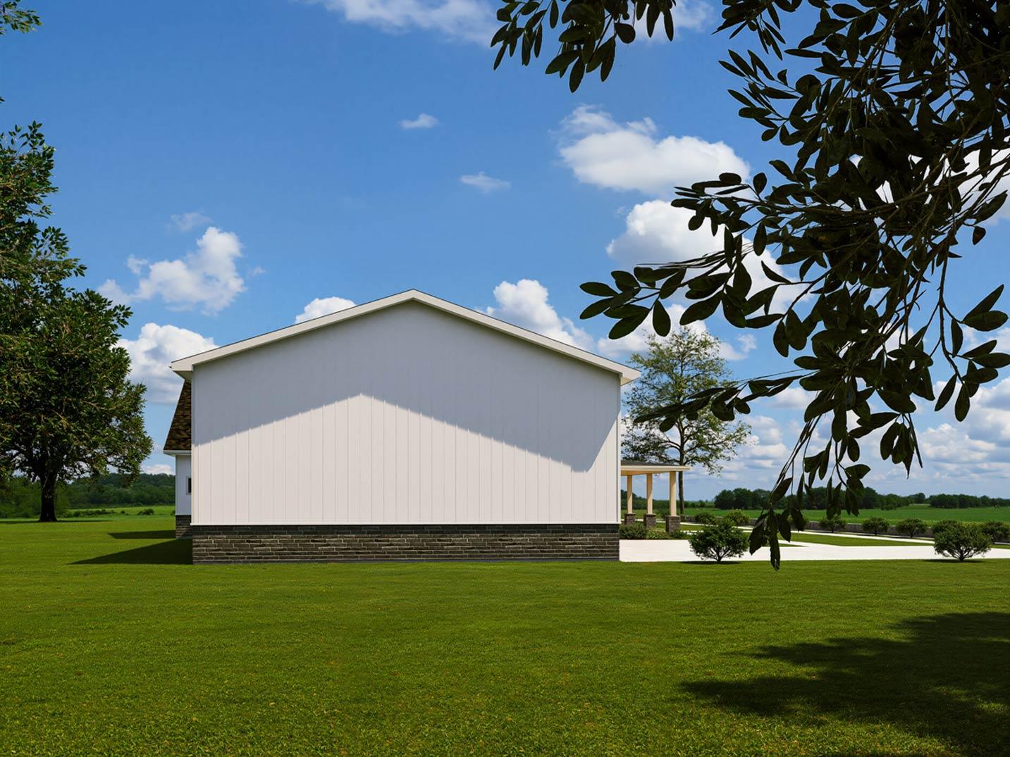 House plan exterior view showing a two-story home with white vertical siding, a gable roof, and a stone foundation.