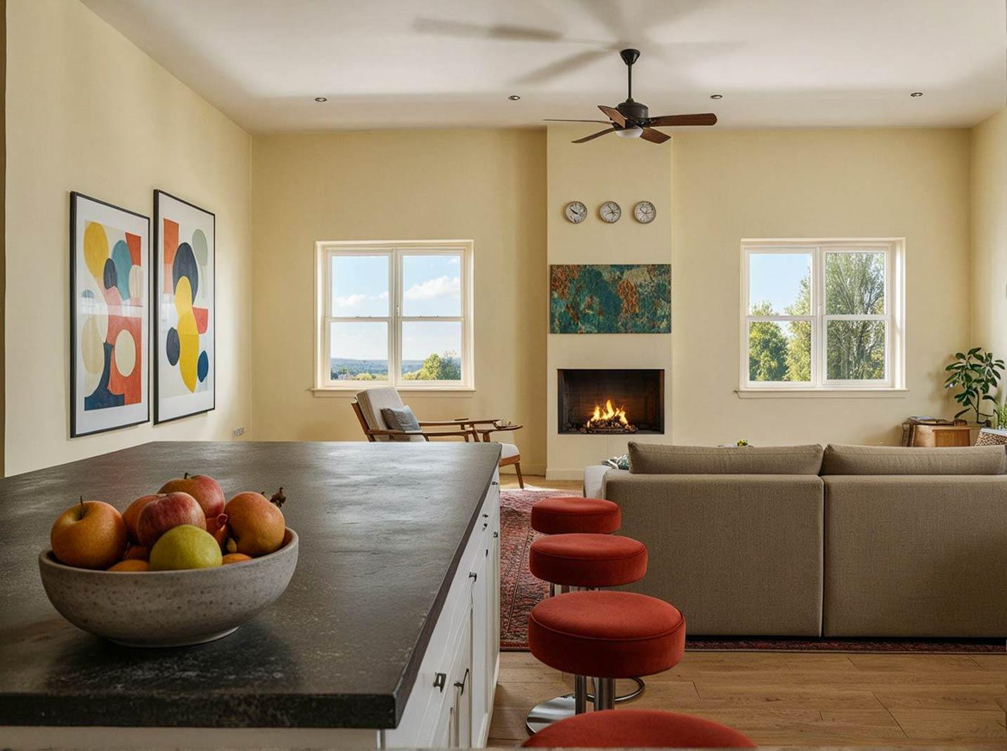 Interior view of a living room with a fireplace, sofa, ceiling fan, and a kitchen island in the foreground.