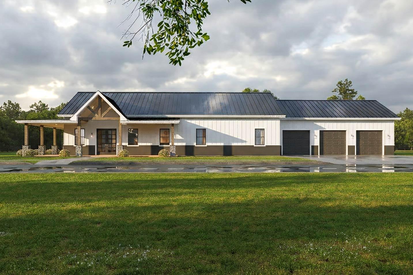 House plan exterior with board and batten siding, metal roof, covered porch, and attached three-car garage in a modern farmhouse style.