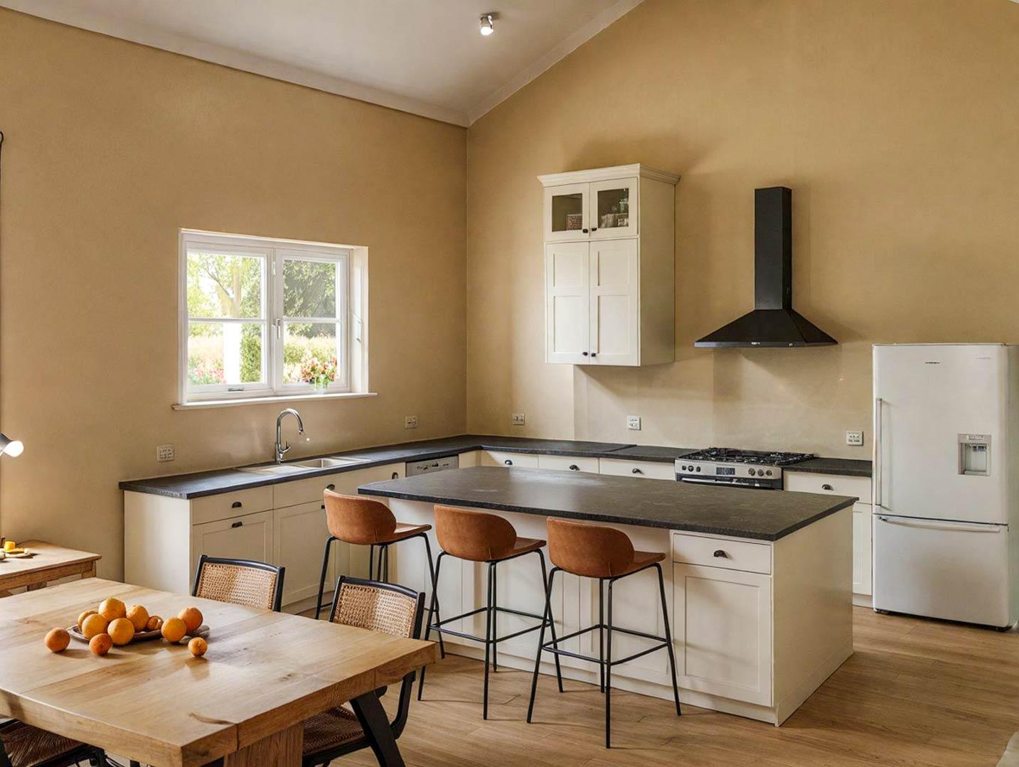 Kitchen with L-shaped counter, island with seating, white cabinetry, gas range, black hood, and vaulted ceiling.
