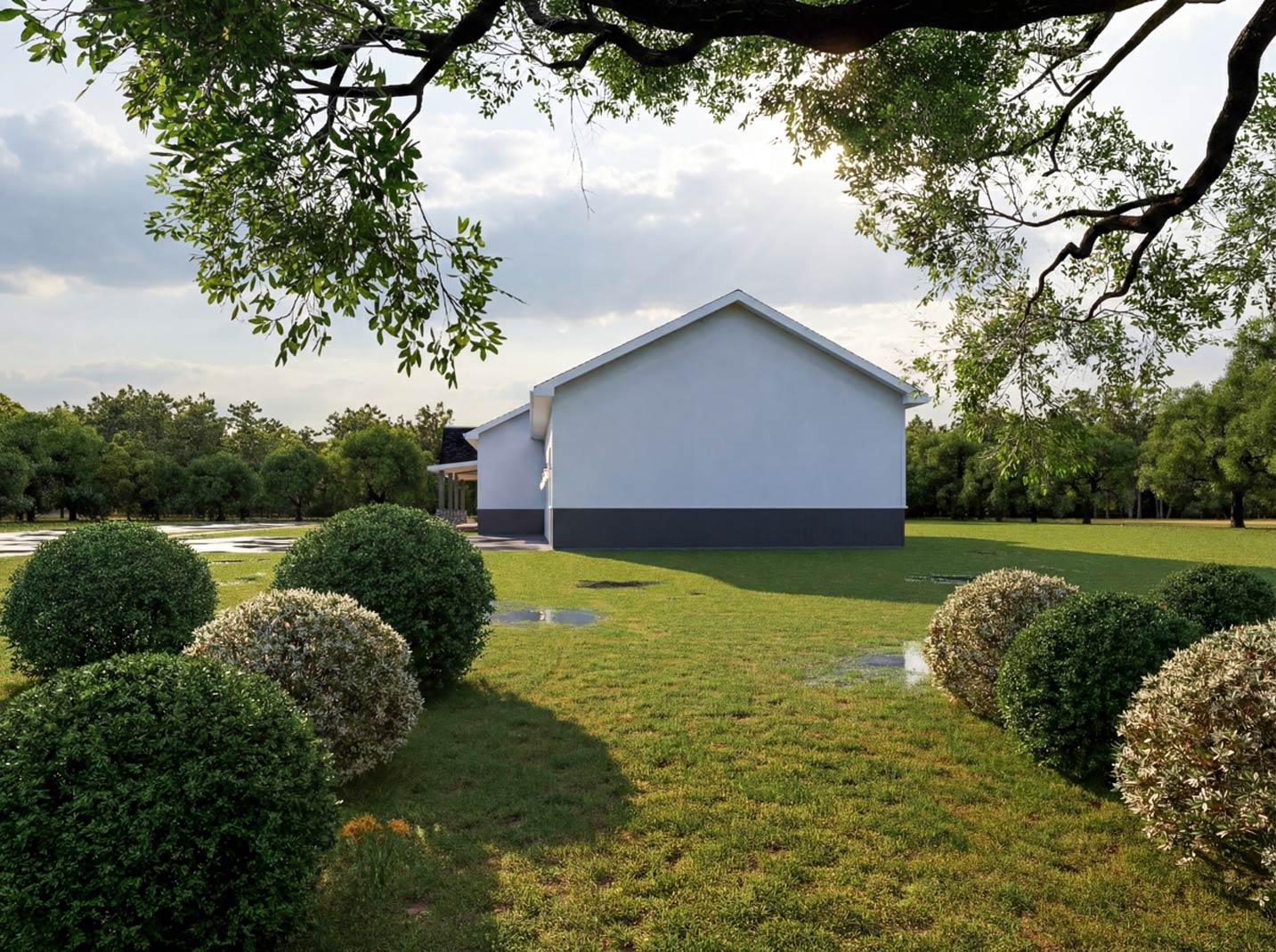 House plan exterior rendering of a modern one-story home with a gable roof and a visible porch.