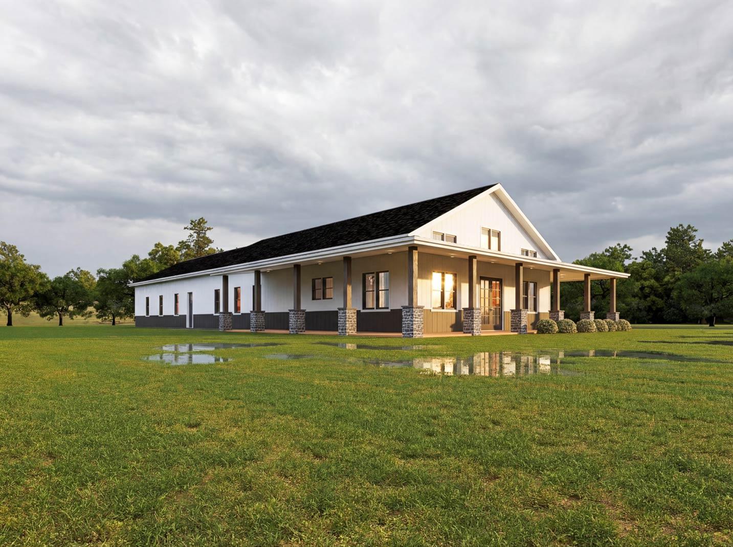 House plan exterior: one-story modern farmhouse with wrap-around porch, gabled roof, and stone-clad foundation.