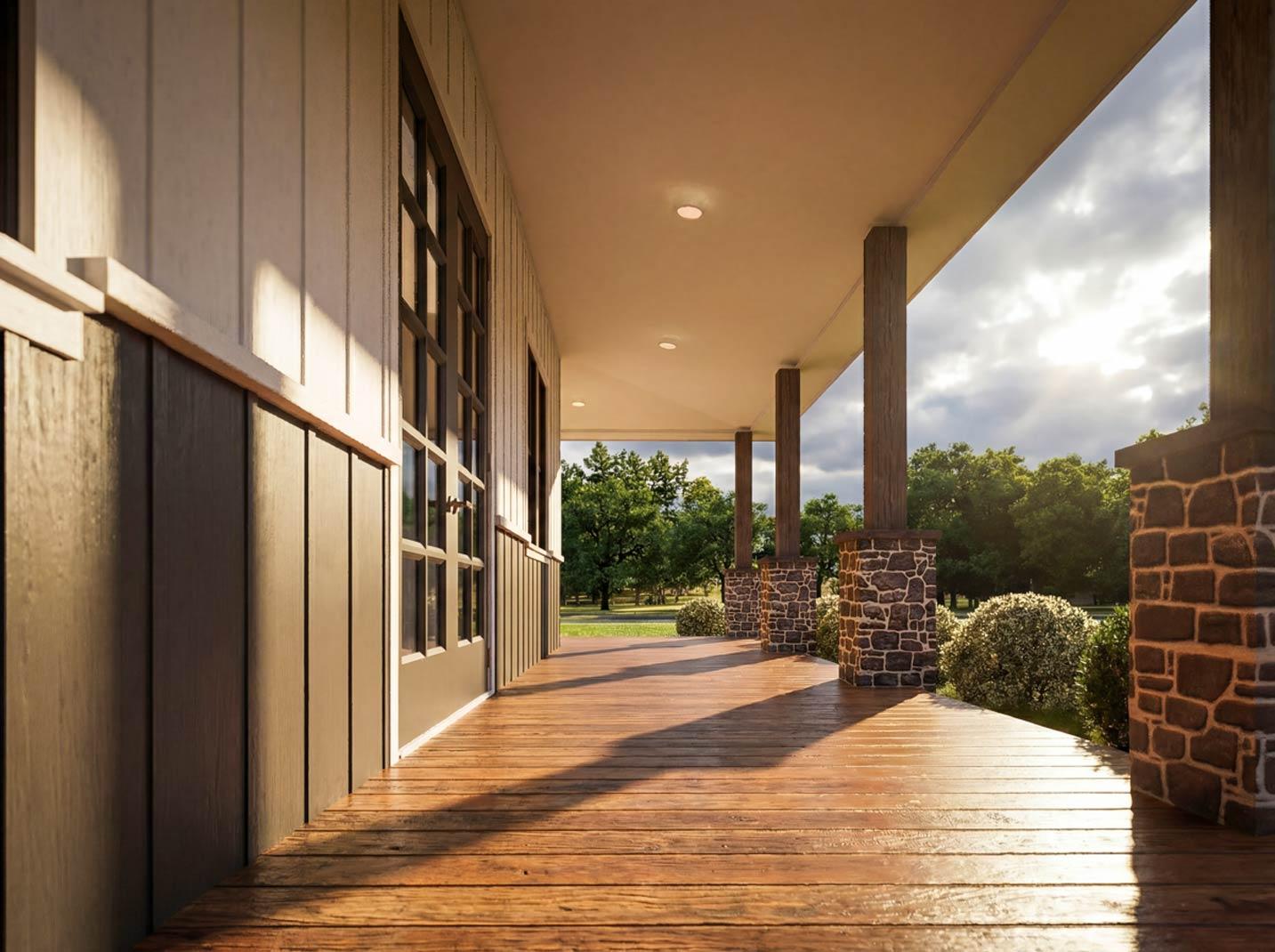 House plan exterior rendering with a wraparound porch featuring stone and wood pillars, vertical siding, and large windows.