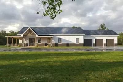 Four Bedroom Barndominium House Plan with Expansive Three Car Garage