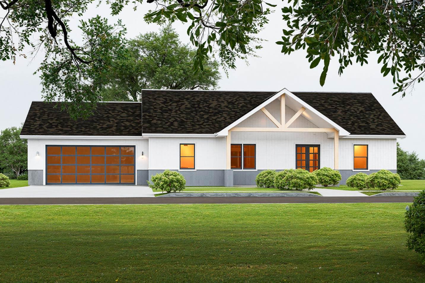 House plan exterior with Craftsman style, one story, and a gable roof. Features include an exposed truss on the porch and a glass-paneled garage door.