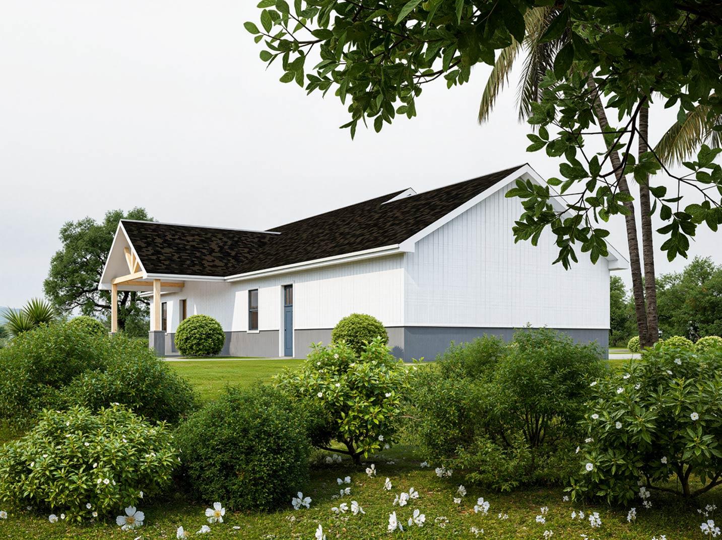 House plan exterior: one-story Modern Farmhouse with covered entry porch, white vertical siding, and dark asphalt shingles.