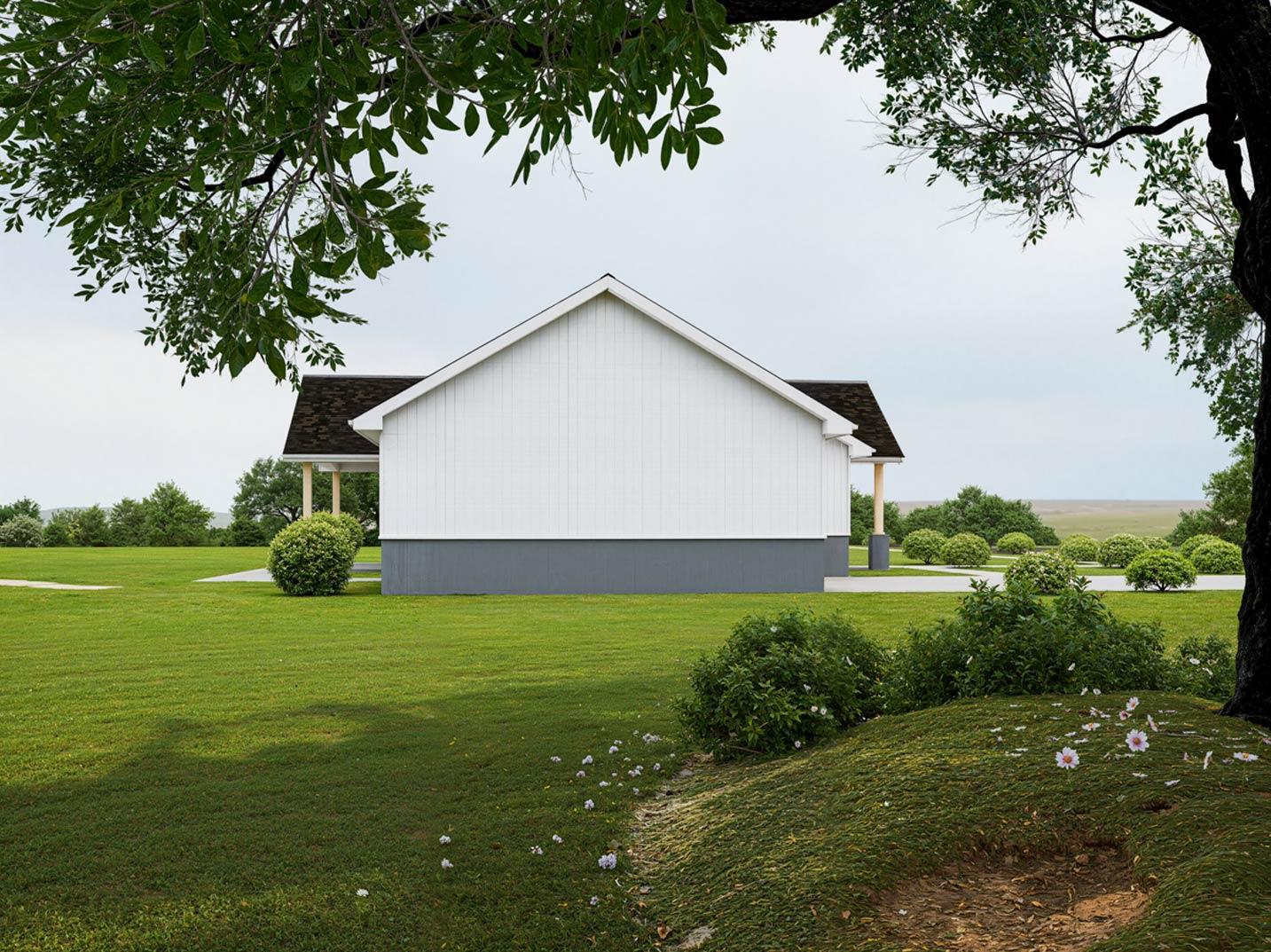 House plan exterior, one-story with white siding, dark foundation, gable roof, and visible porch supports.