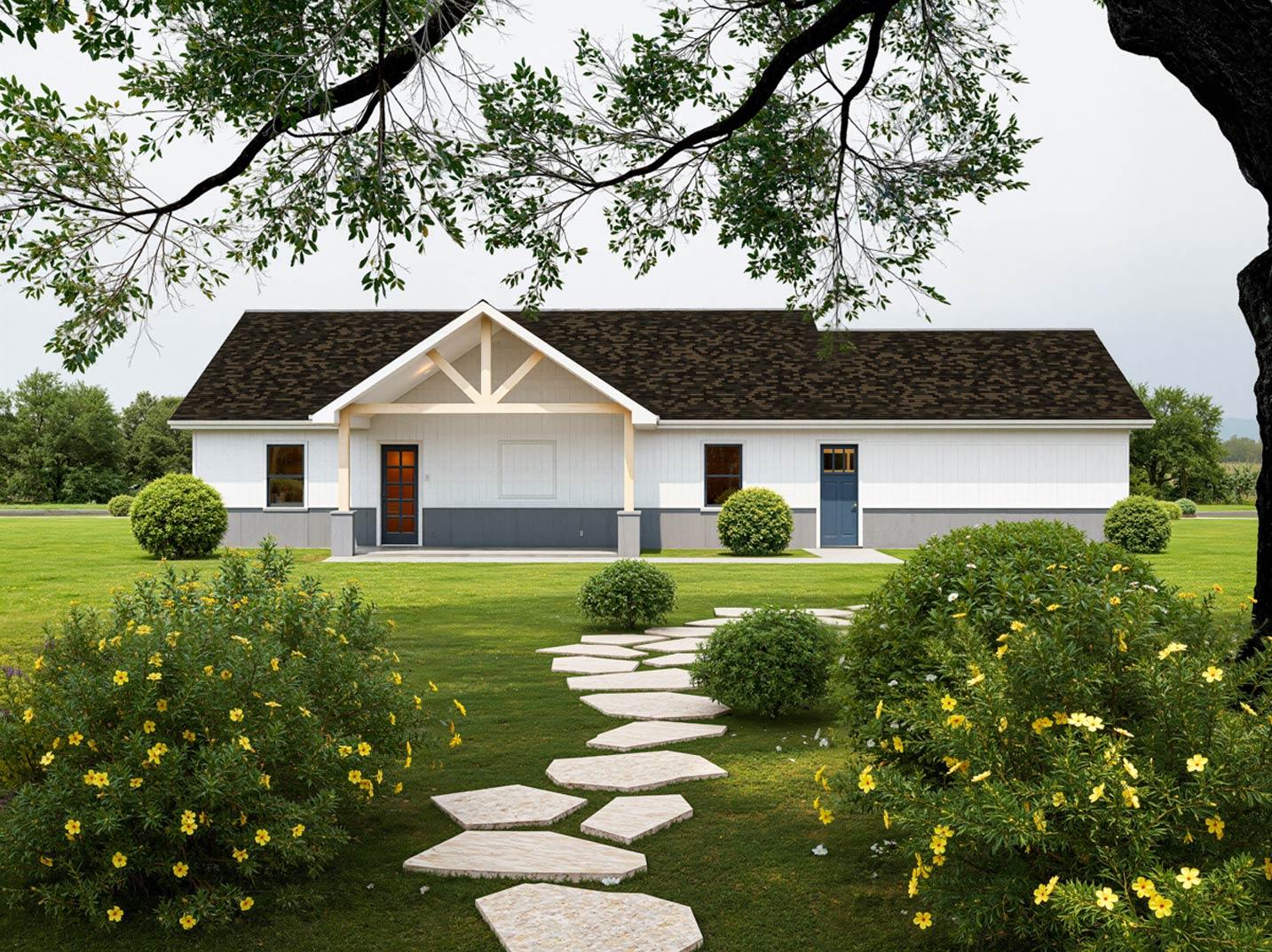 House plan exterior: Ranch style, single-story with a gabled entry porch, two doors, and a low-pitched roof.