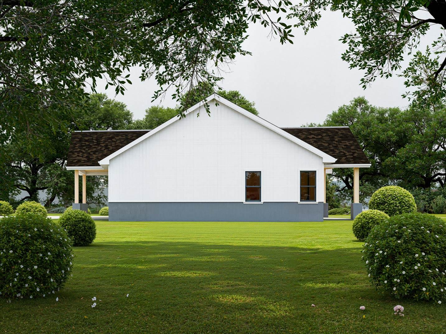 House plan exterior: one-story modern farmhouse with gable roof, covered front porch, and white vertical siding.