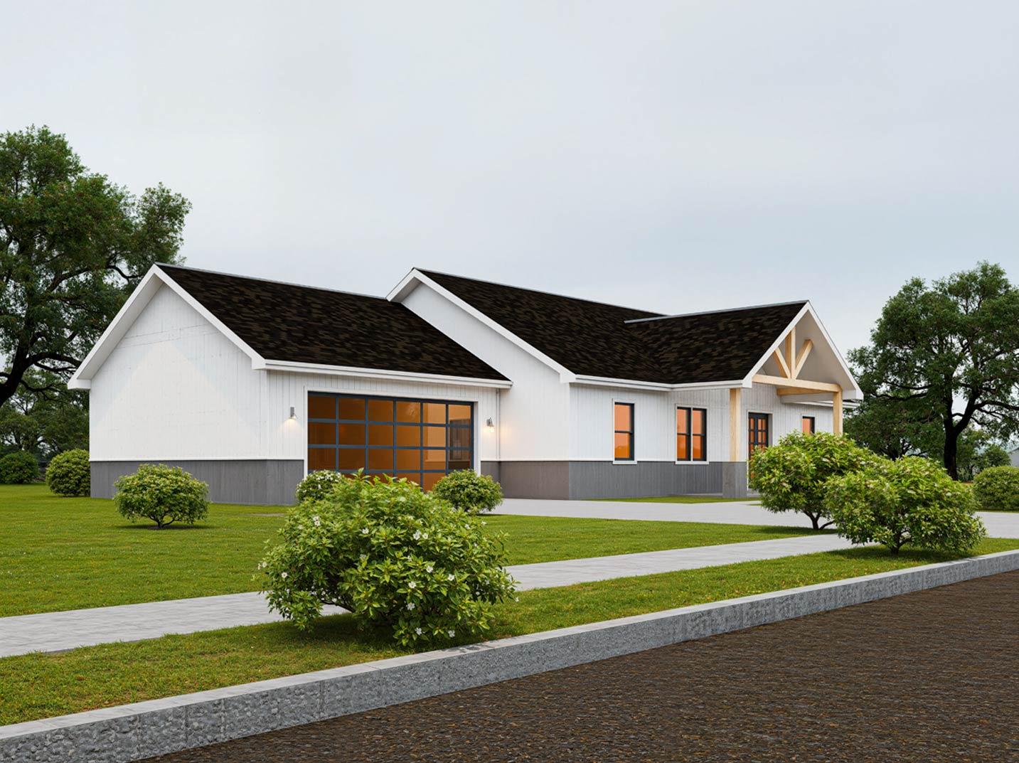 House plan exterior of a one-story Modern Farmhouse with a side-entry garage, gabled rooflines, and a covered porch.