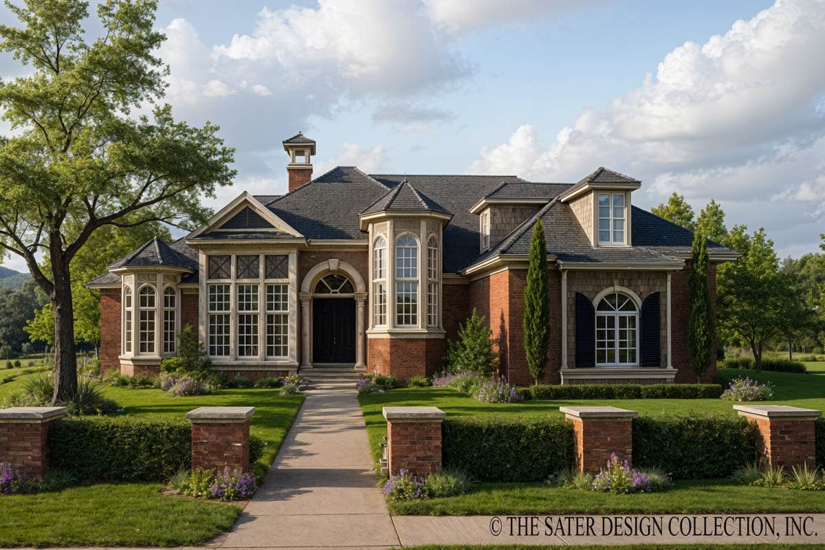 House plan exterior. Two-story brick home with a multi-gabled roof, arched windows, and a prominent front entrance. Features dormers and a bay window.