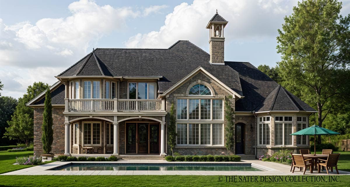 House plan exterior with stone facade, arched windows, balcony, multiple gables, and a prominent chimney.