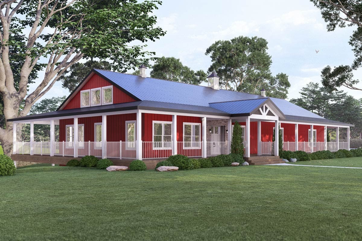 House plan exterior featuring a one-story, farmhouse-style design. Includes a covered porch, gabled roof, and multiple dormers.