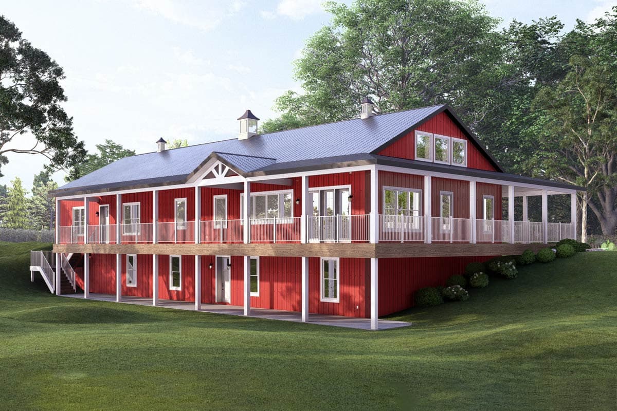 House plan exterior rendering of a two-story red home with a wrap-around porch, metal roof, and gables.