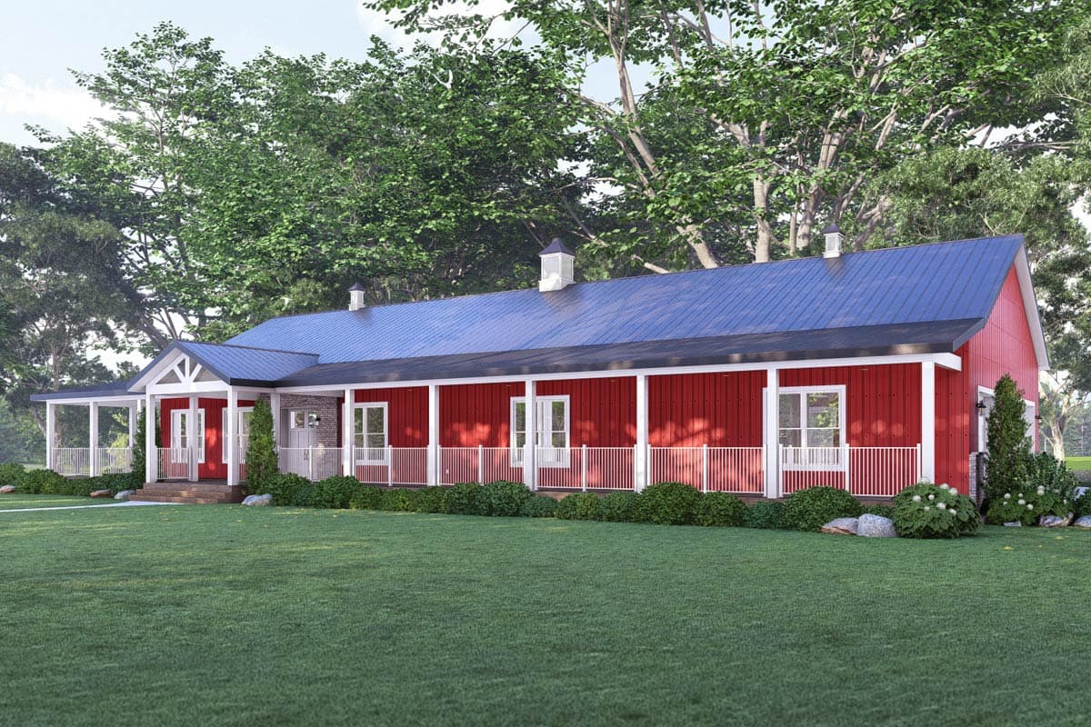 House plan exterior: Ranch style, one story, red siding, blue metal roof, wraparound porch with white railing, gable entryway.