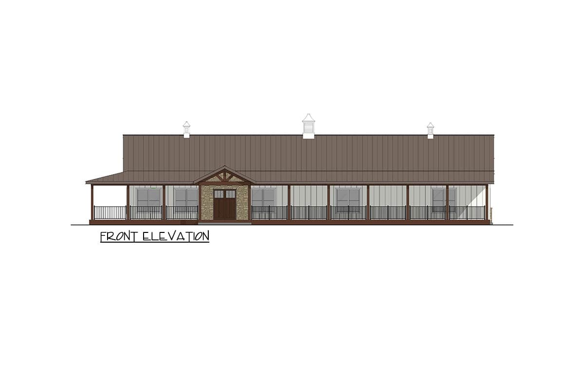 Front elevation of a house plan with a full-width porch, metal roof, stone accents, and gable entrance.