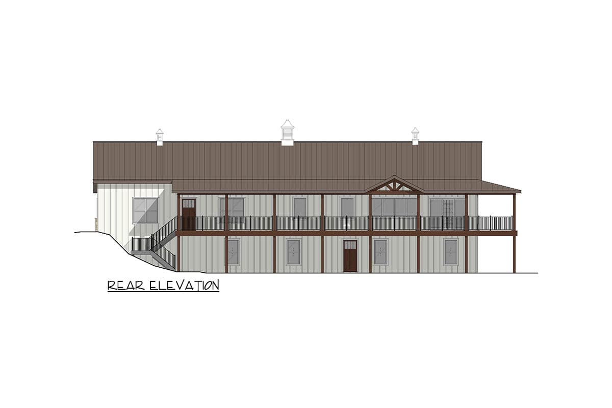 Rear elevation drawing of a two-story house plan with a wraparound porch, vertical siding, and metal roof.