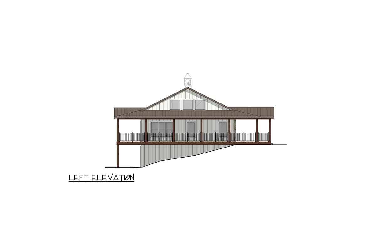 Left elevation house plan featuring a wraparound porch, gabled roof with dormer windows, and vertical siding.