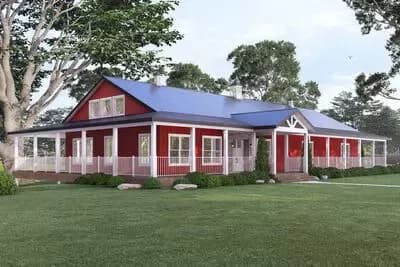 Seven Bedroom Barndominium House Plan with Wrap-Around Porch and Walkout Basement