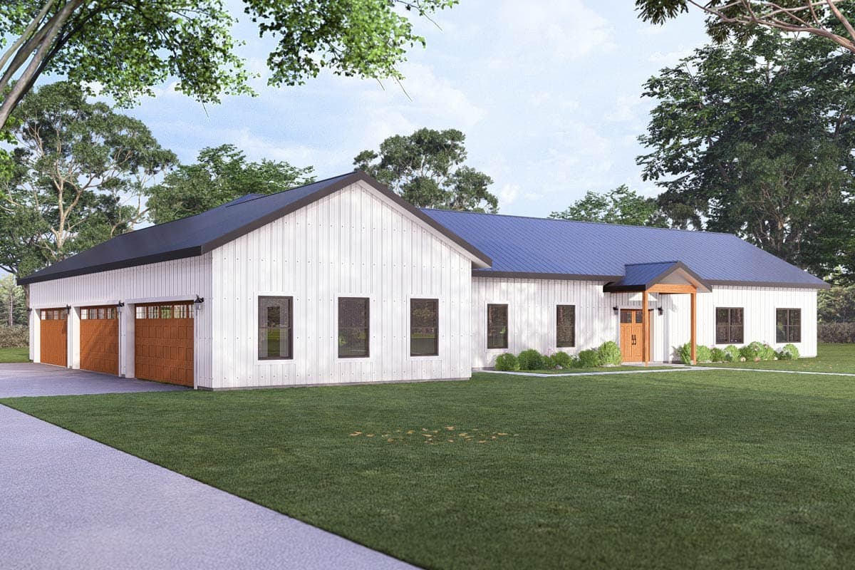 House plan exterior with modern farmhouse style. Features include a side-entry garage, gabled roof, and a covered porch over the front entry.