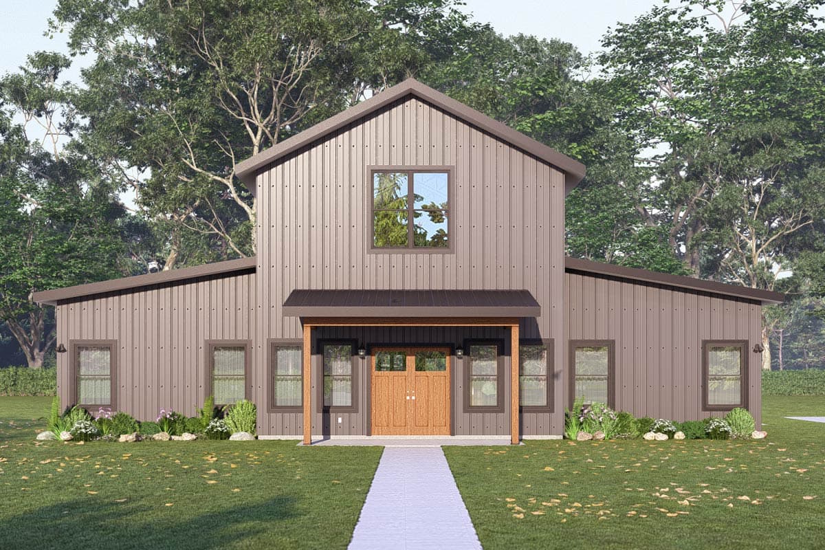 House plan exterior. Modern barn style, two stories, metal siding, prominent gable, covered entry with double wood doors, and multiple windows.