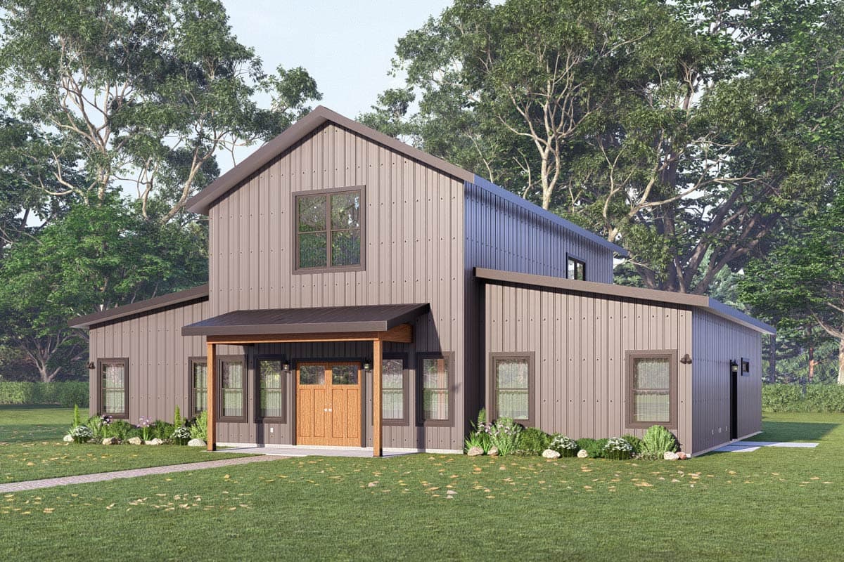 House plan exterior with two stories. Features a gable roof, porch with wood posts, and large windows. Includes a detached side structure.