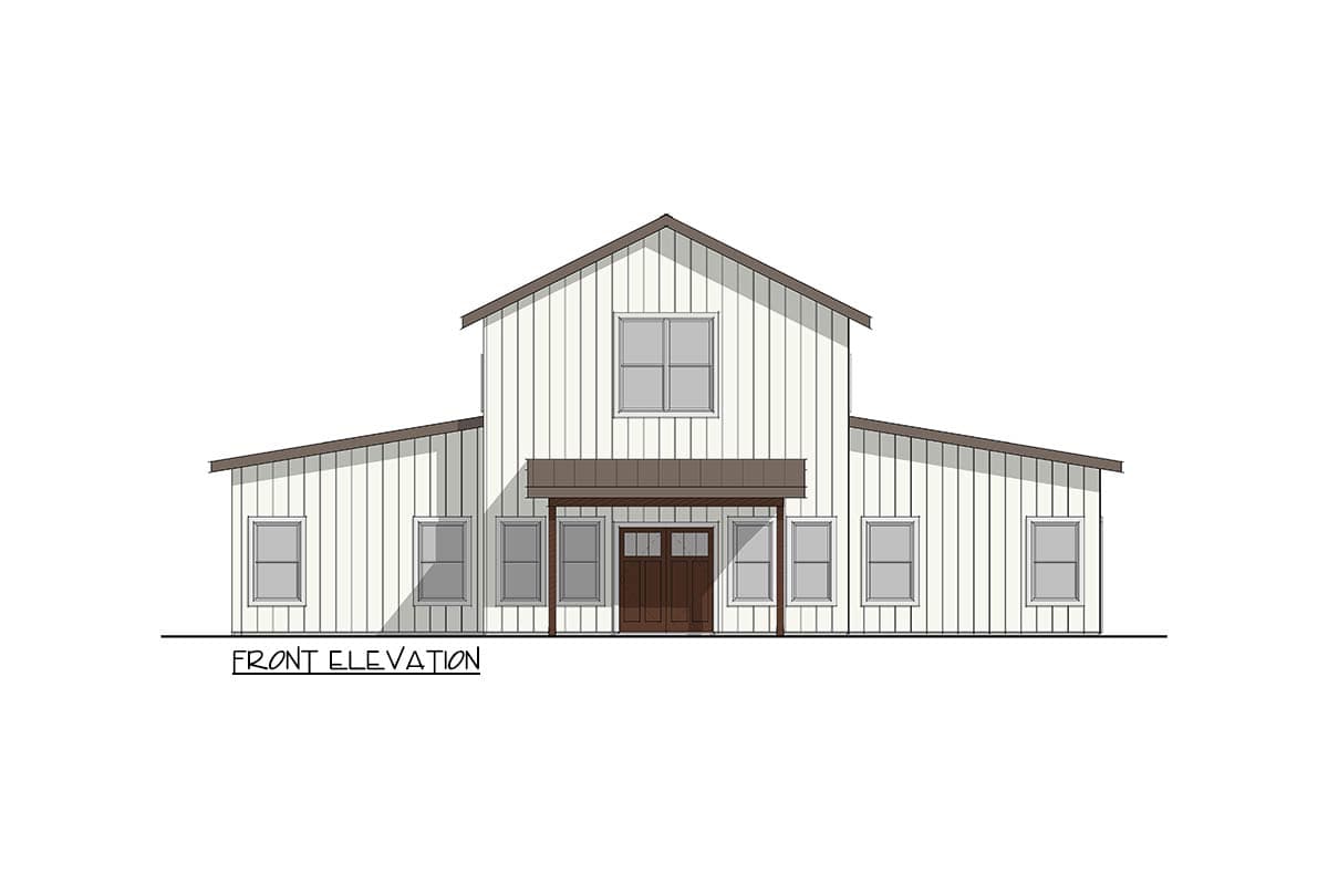 Front elevation drawing of a two-story house plan with vertical siding, a prominent gable, and a covered entryway.