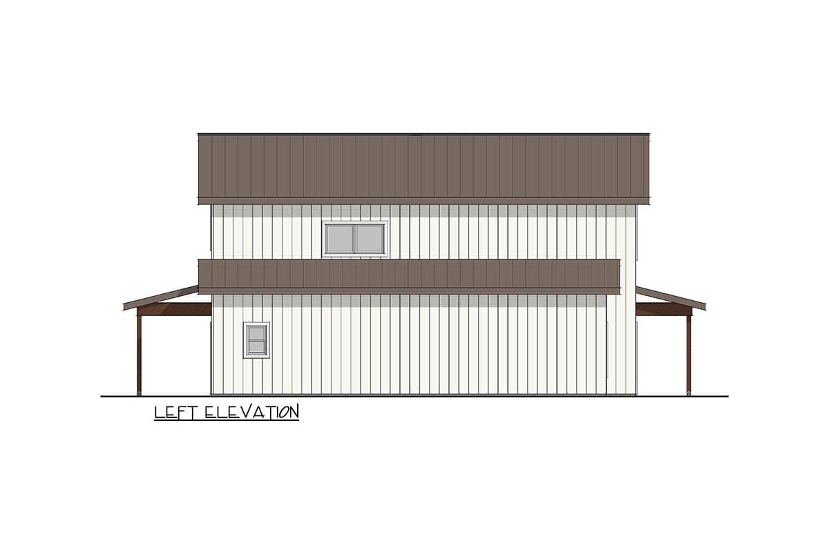 Left elevation drawing of a two-story house plan with vertical siding, a gable roof, and covered porch.
