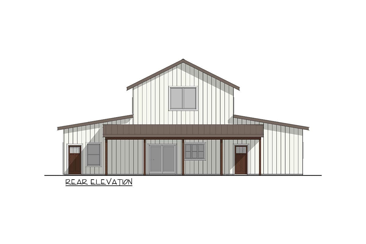 Rear elevation of a two-story house plan featuring board and batten siding, a covered porch, and gabled rooflines.