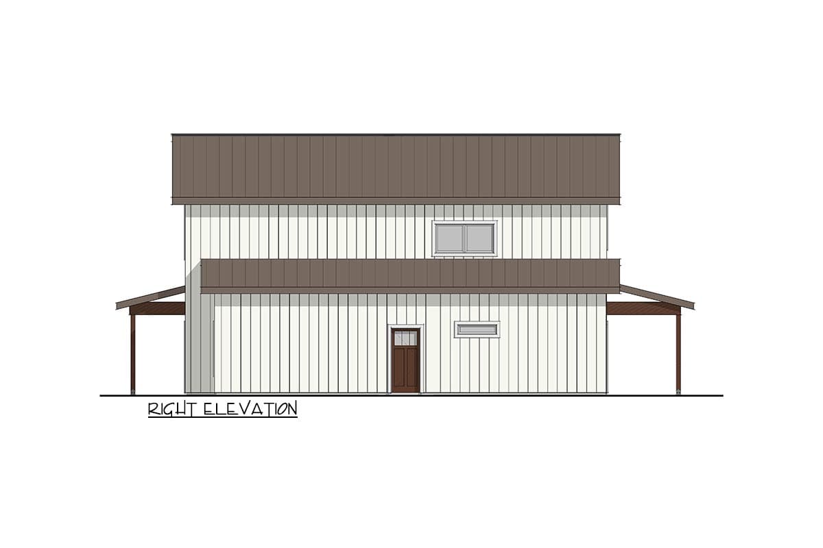 Right elevation drawing of a two-story house plan with vertical siding, gabled roof, and covered porch.