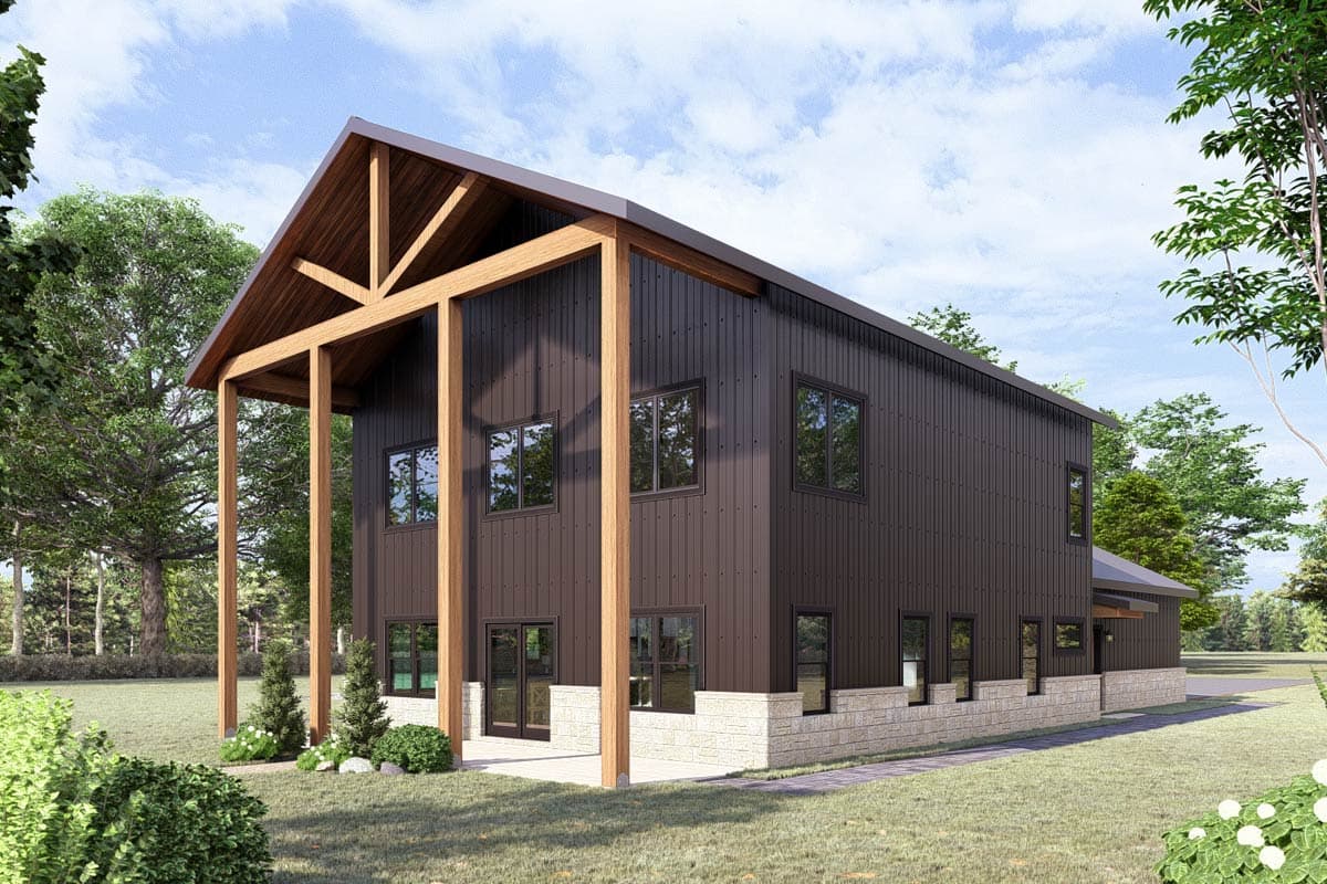 House plan exterior. Two-story Modern house with an open, timber-framed porch and a gable roof. Features a dark metal exterior and stone base.