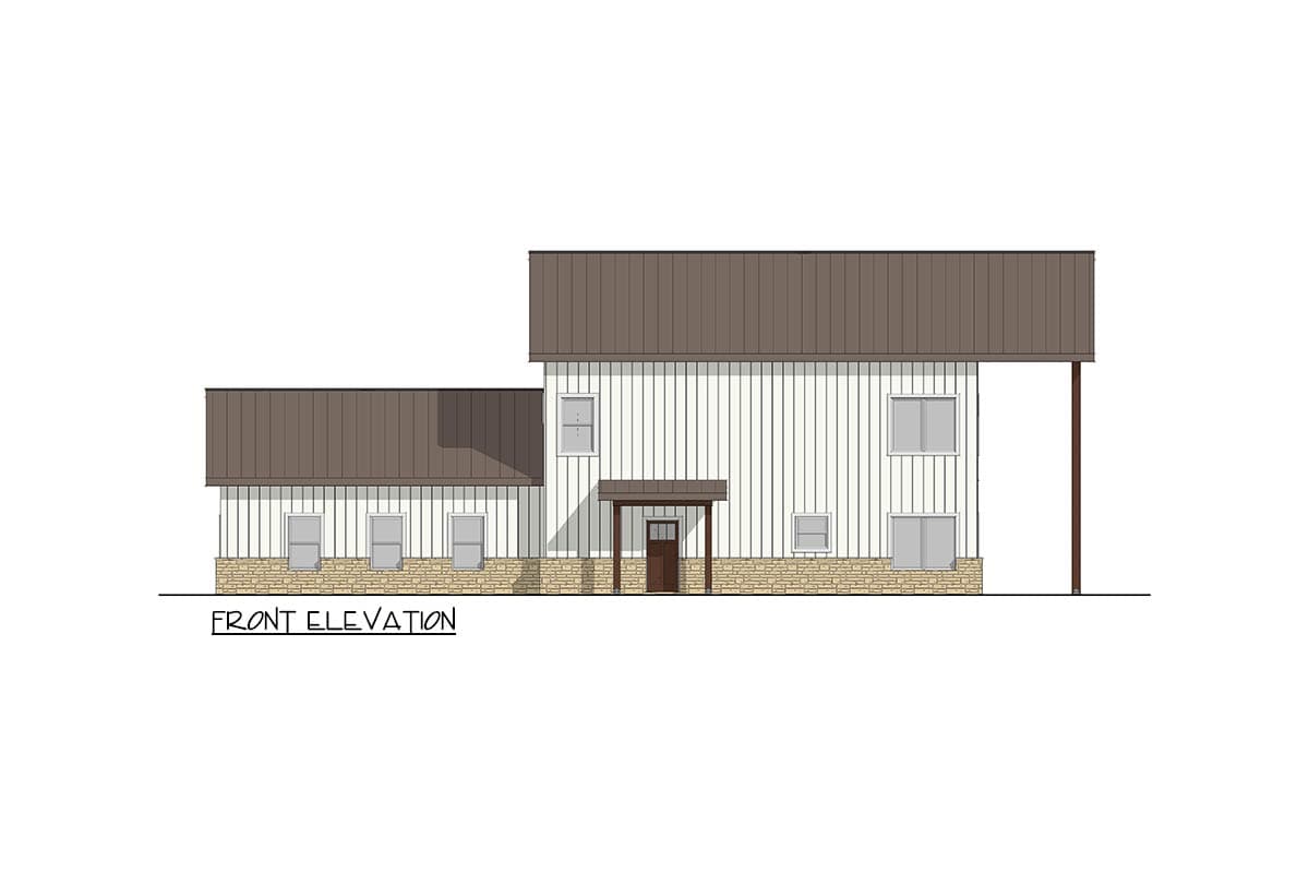Front elevation drawing of a two-story house with vertical siding, a stone foundation, and a gabled metal roof.