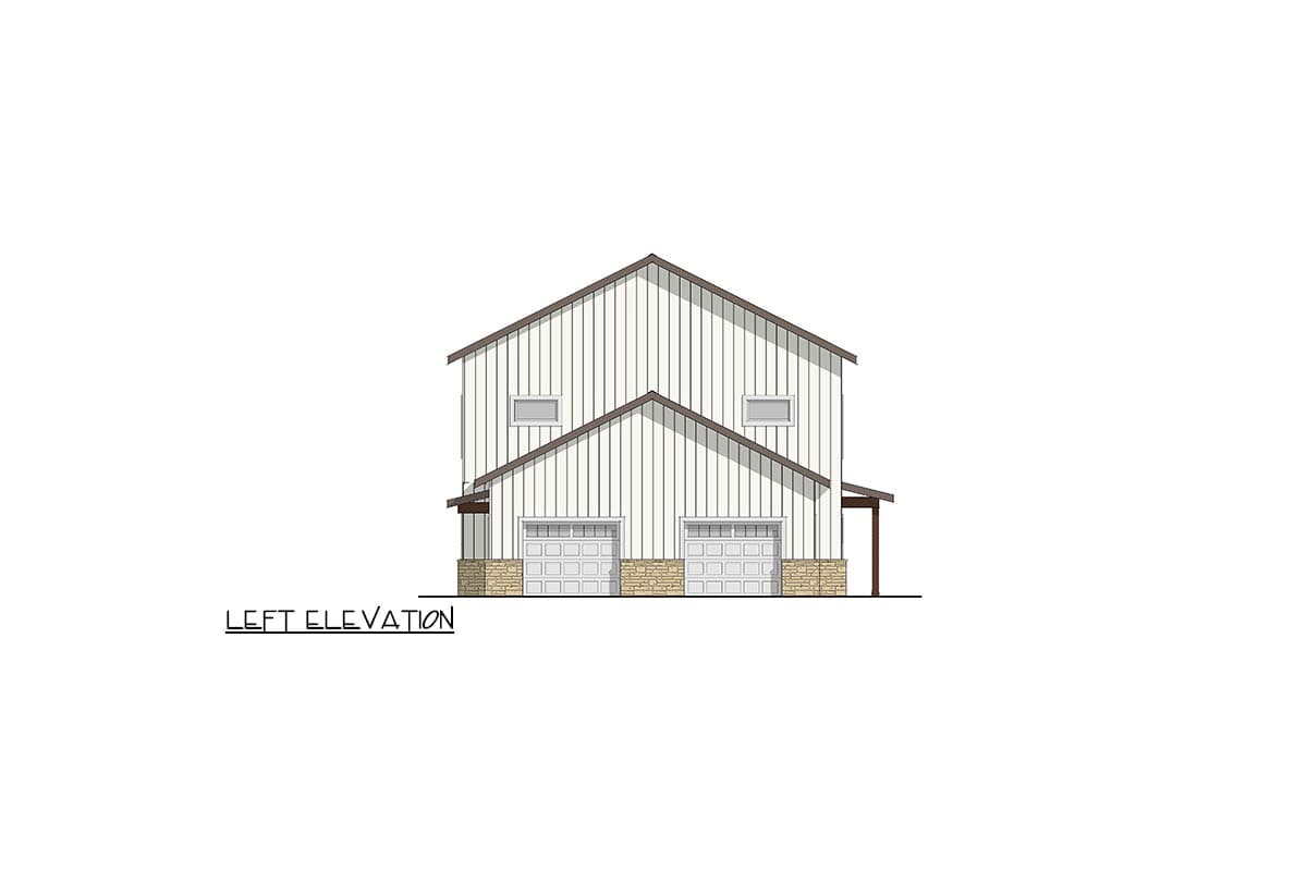 Left elevation drawing of a two-story house plan with white vertical siding, a stepped gable roof, two garage doors, and stone foundation.