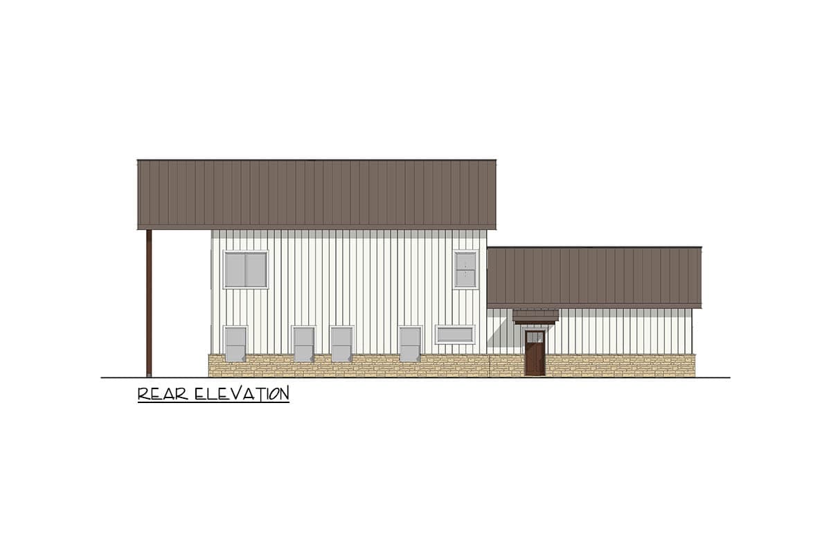 Rear elevation drawing of a house plan showing vertical siding, stone foundation, metal roof, and multiple windows.