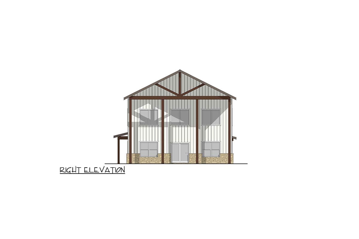 Right elevation drawing of a two-story house plan with board and batten siding, stone base, gabled roof, and multiple windows.