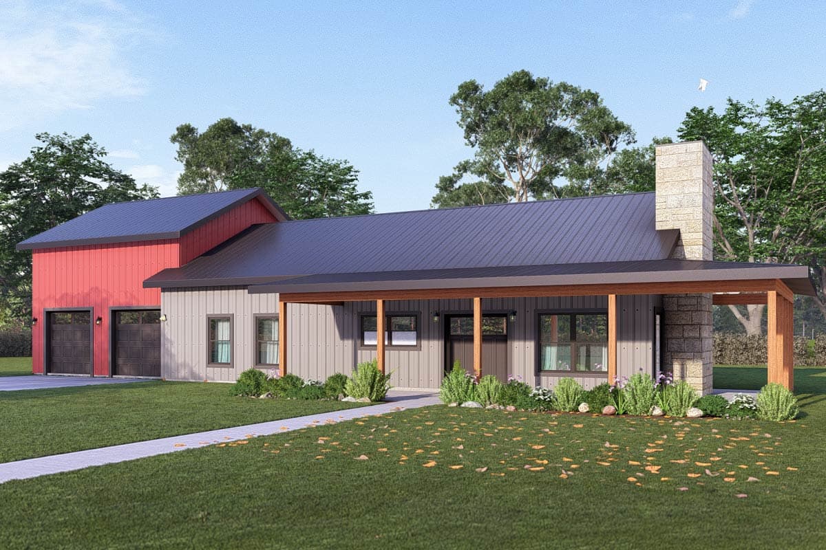 House plan exterior with two stories and metal roof. Features include a covered porch, stone chimney, and attached garage with a gable roof.