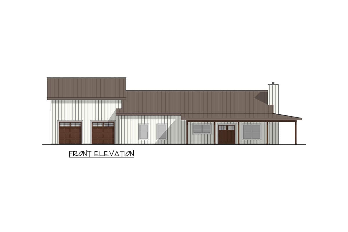 Front elevation drawing of a house plan featuring a metal roof, two-car garage, covered porch, and central entry.