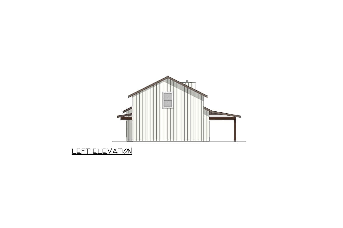 Left elevation of a house plan featuring vertical siding, a gable roof, a dormer window, and a carport.
