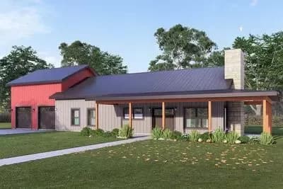 Three Bedroom Modern Barndominium House Plan with Expansive Wrap Around Porch