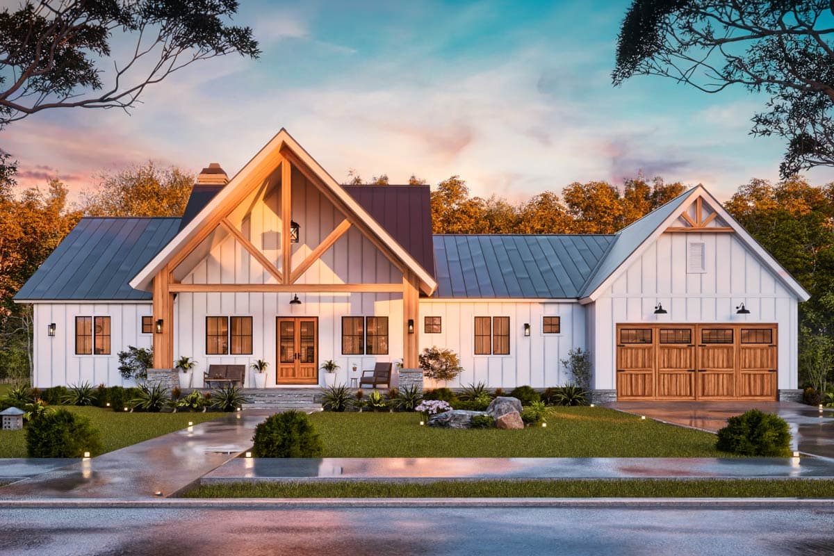 House plan exterior. Modern Farmhouse style, single story, with a covered porch, gable roof, and a side-entry garage.
