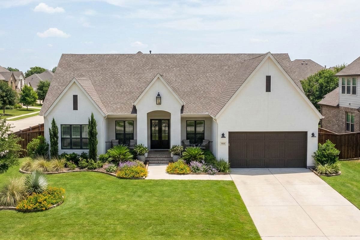 House plan exterior. Two-story, white stucco house with gabled roof, prominent front entry with porch, and attached garage.