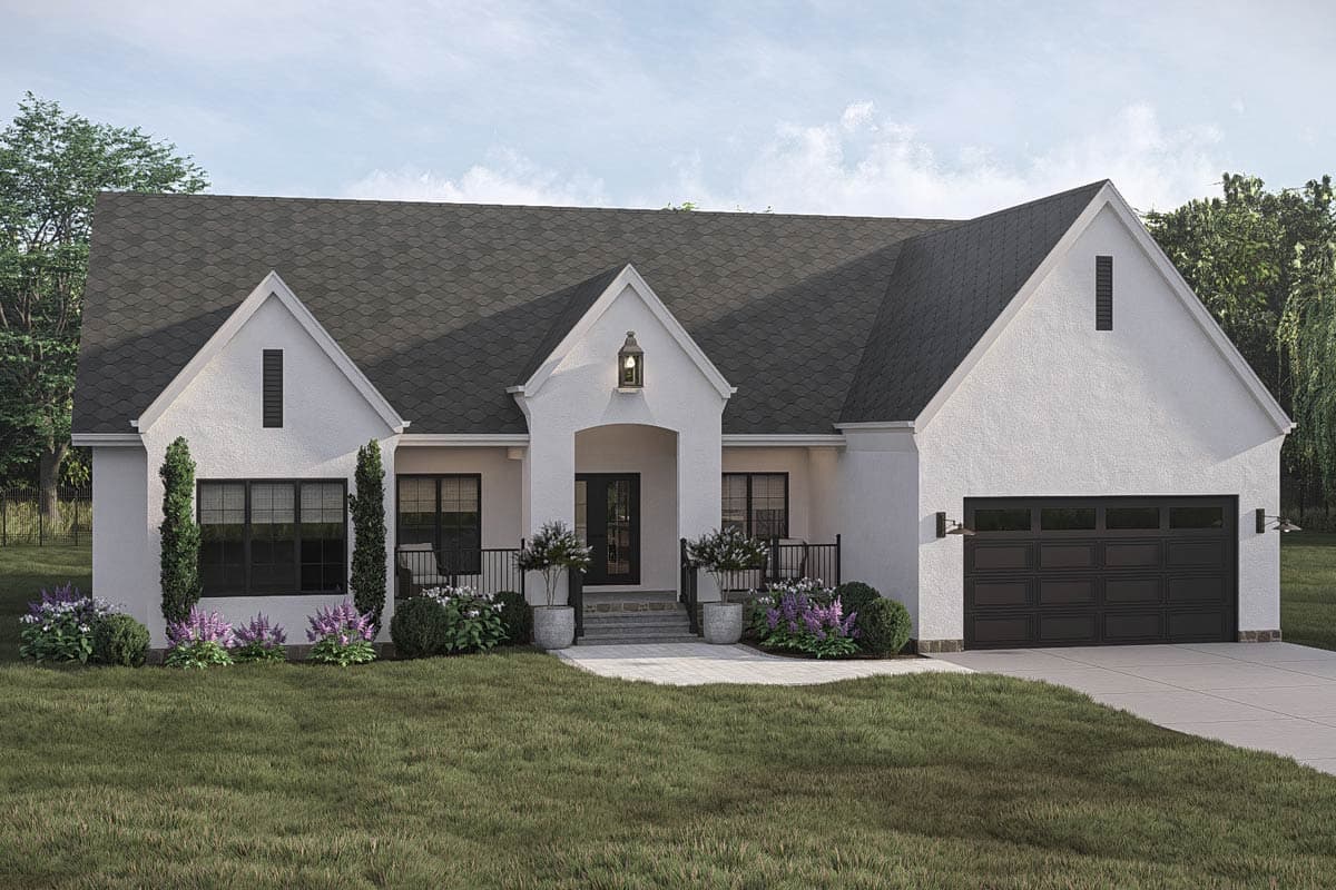 House plan exterior: White stucco, single-story home with gabled dormers, arched entryway, and a two-car garage.