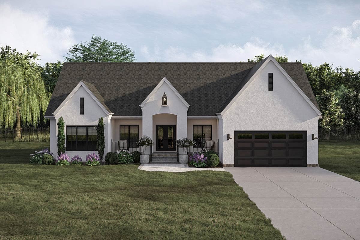 House plan exterior: Ranch style, stucco finish, prominent gables, covered entry porch, and attached garage with black door.