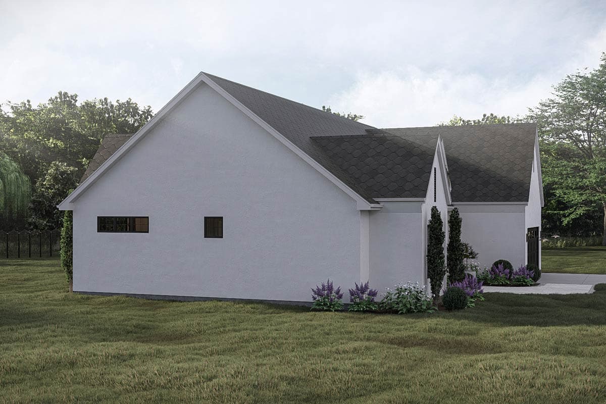 House plan exterior rendering showing a stucco facade, dark asphalt roof, gabled dormer, and minimal window openings.