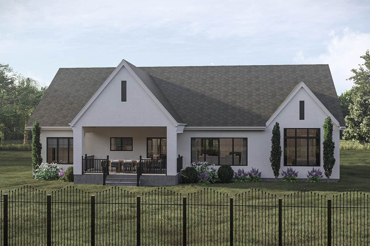 House plan exterior, one story, with prominent gables, covered patio, and large windows.