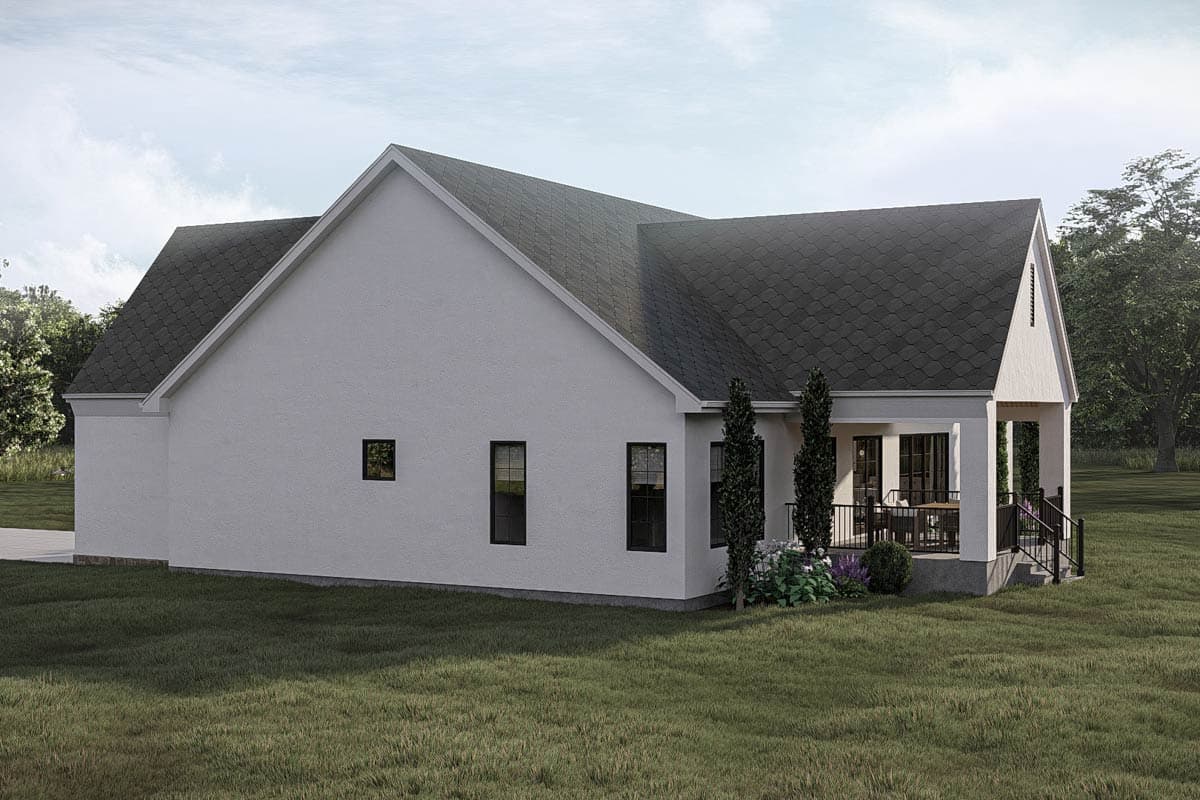 House plan exterior, one-story Modern Farmhouse style with a covered porch, gables, and stucco finish.