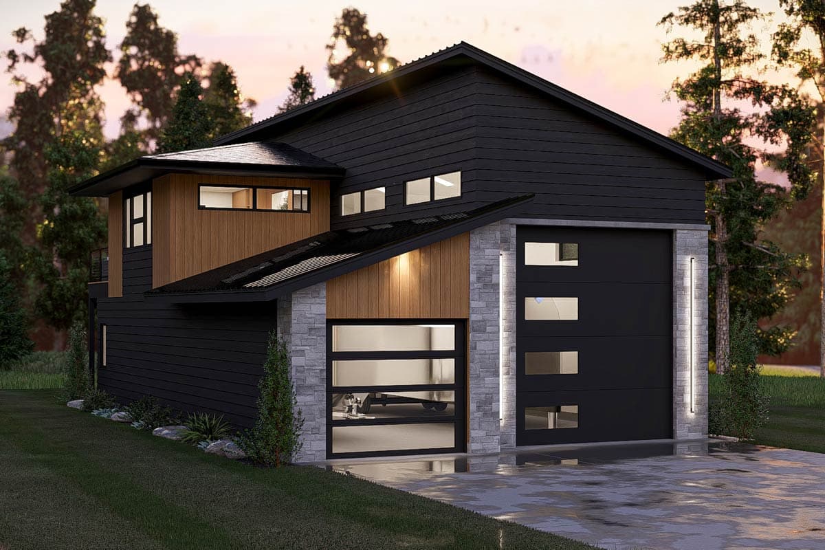 Modern house plan exterior with dark siding, wood accents, stone pillars, and two garage doors with horizontal windows.